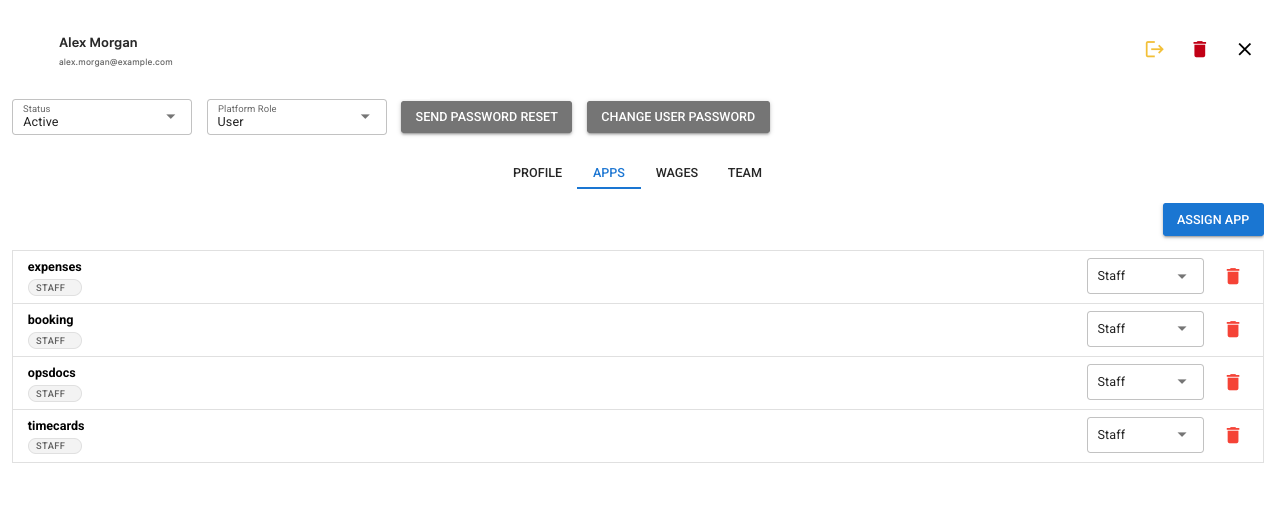 App permissions stay connected to the staff record